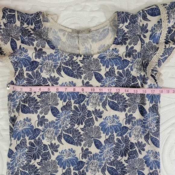 Luisa Perla Made In Italy Crochet Trim Flutter Sleeve Blue Tan Linen Dress Small - Picture 10 of 11